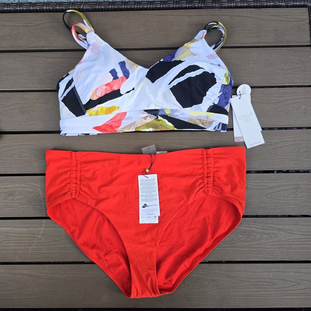 CALIA Women's Collage Rouched Strappy Top W/red Tie Front Bikini Sz XL New